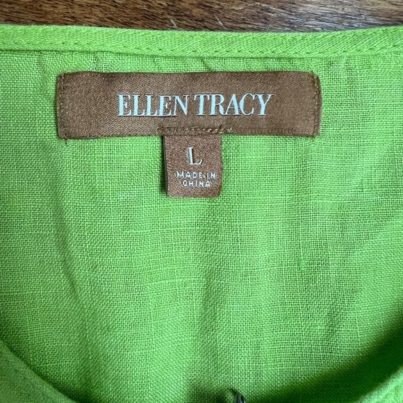 Ellen Tracy Top Womens Large Green 100% Linen 3/4 Roll Tab Short Sleeve Shirt L - Picture 9 of 11